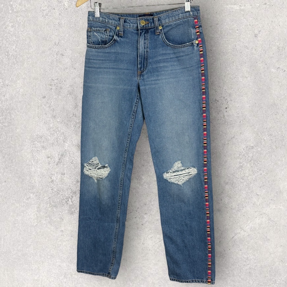 Ramy Brook Rosie Boyfriend Jeans Embroidered‎ Stripe Size 25 Boho Distress Denim - Picture 6 of 16